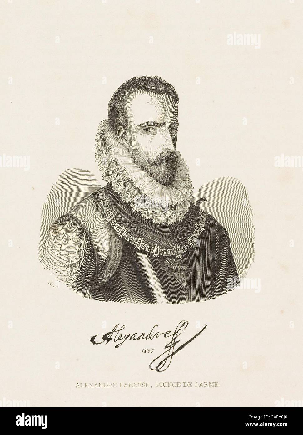 Gravurporträt von Alexander Farnese, Herzog von Parma. Alexander Farnese (1545–1592) war ein italienischer Adliger und Condottiero und später General der spanischen Armee, der von 1586 bis 1592 Herzog von Parma, Piacenza und Castro war, sowie von 1578 bis 1592 Gouverneur der spanischen Niederlande. Dank des stetigen Zustroms von Truppen aus Spanien eroberte Farnese zwischen 1581 und 1587 mehr als dreißig Städte im Süden (heute Belgien) und gab sie der Kontrolle des katholischen Spaniens zurück. Während der Französischen Religionskriege entließ er Paris für die Katholiken. Seine Talente als Feldkommandant, Stratege und O Stockfoto
