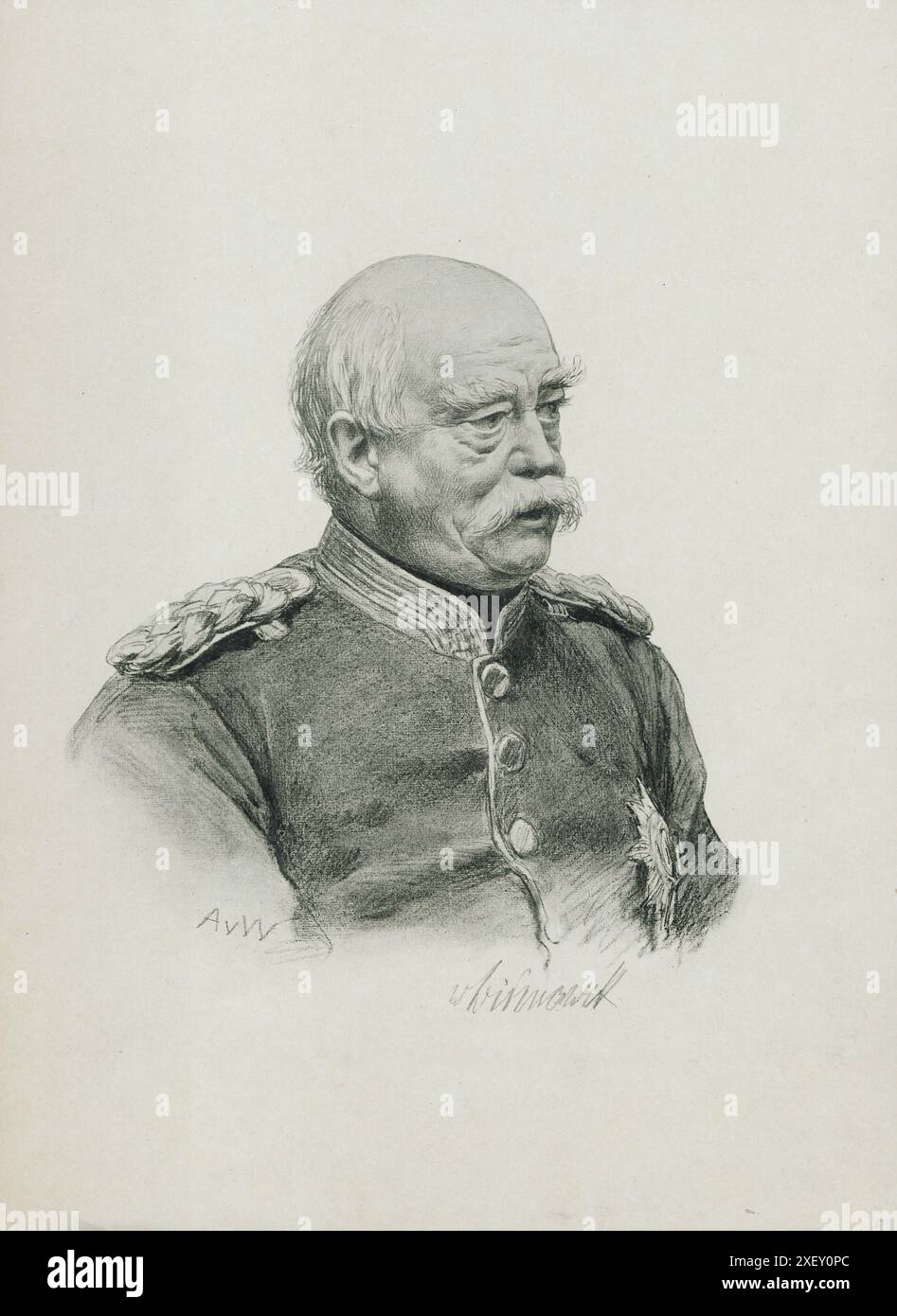 Porträt Otto von Bismarck. 1880 Otto, Fürst von Bismarck, Graf von Bismarck-Schönhausen, Herzog von Lauenburg (1815–1898) war ein konservativer deutscher Staatsmann und Diplomat. Von 1862 bis 1890 – mit einer kurzen Unterbrechung 1873 – war er preußischer Premierminister, von 1867 bis 1871 auch Bundeskanzler des Norddeutschen Bundes. Von 1871 bis 1890 war er der erste Kanzler des Deutschen Reiches, dessen Gründung er maßgeblich gefördert hatte. Bismarck gilt als Vollender der deutschen Einigung und als Begründer des modernen Wohlfahrtsstaates. Stockfoto