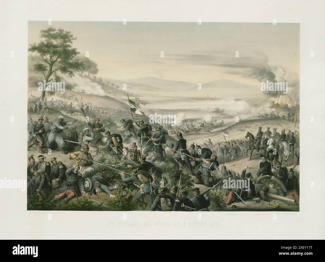 Gravur der Schlacht bei Wörth am 6. August 1870. 1872 die Schlacht bei Wörth, auch als Schlacht bei Reichshoffen oder als Schlacht bei Frœschwiller bekannt, die am 6. August 1870 in der Anfangsphase des Deutsch-Französischen Krieges stattfand (die erste Schlacht bei Wörth fand am 23. Dezember 1793 während der Französischen Unabhängigkeitskriege statt). In der zweiten Schlacht besiegten deutsche Truppen unter dem Kommando von Kronprinz Friedrich und unter der Leitung seines Stabschefs, General Leonhard Graf von Blumenthal, die Franzosen unter Marschall MacMahon nahe dem Dorf Woerth im Elsass, an der sauer, 10 Kilometer Stockfoto