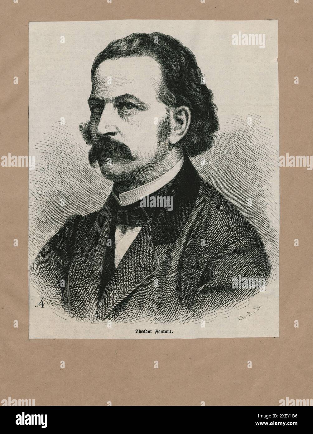 Gravurporträt von Theodor Fontane, 1860 Theodor Fontane (1819–1898) war ein deutscher Schriftsteller und Dichter, der von vielen als der bedeutendste deutschsprachige Realist des 19. Jahrhunderts angesehen wurde. Den ersten seiner Romane, für die er heute am besten bekannt ist, veröffentlichte er erst im Alter von 58 Jahren nach einer Karriere als Journalist. Stockfoto