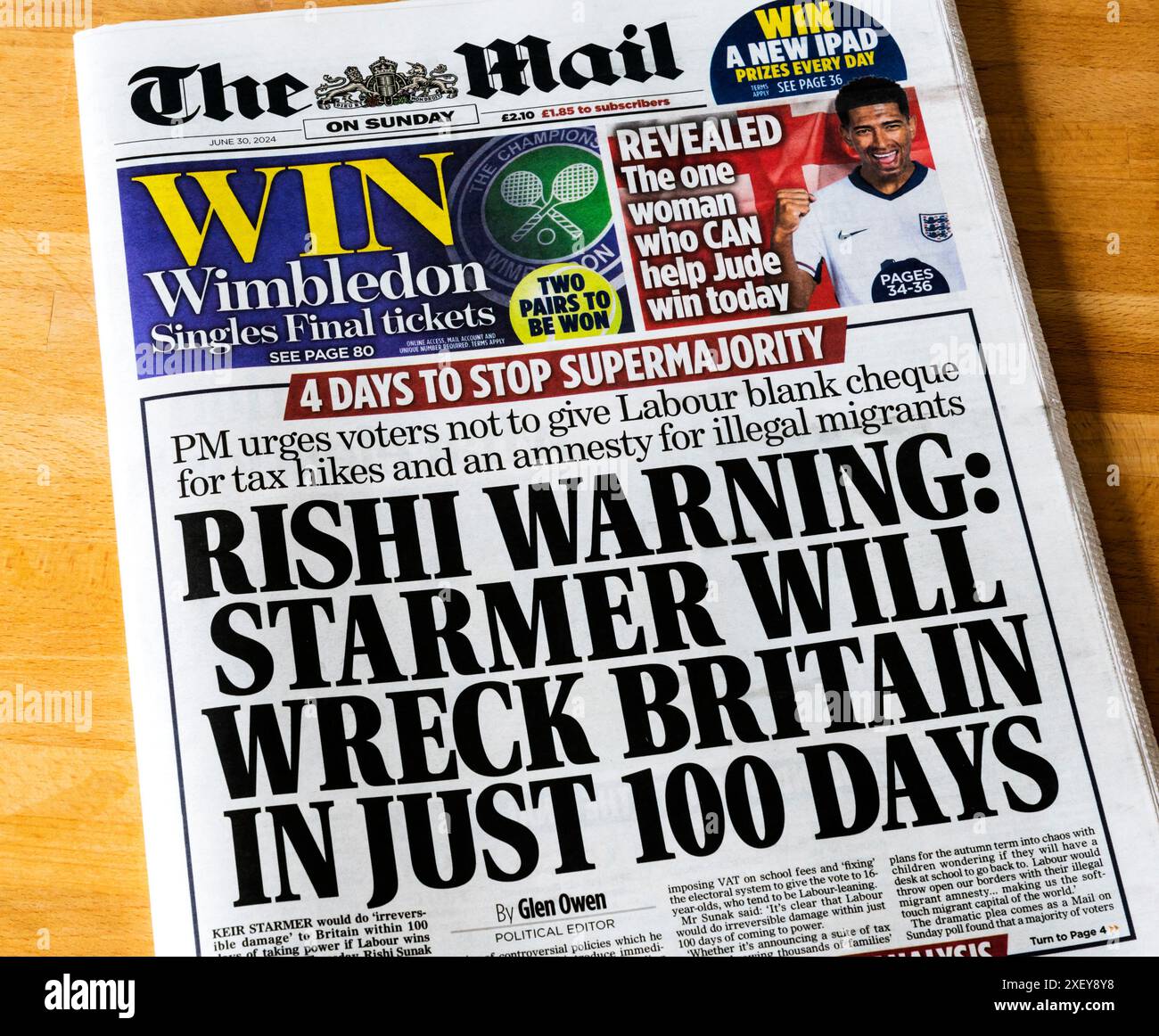 30. Juni 2024. Die Titelzeile der Mail on Sunday lautet: Rishi Warning: Starmer wird Großbritannien in nur 100 Tagen zerstören. Stockfoto