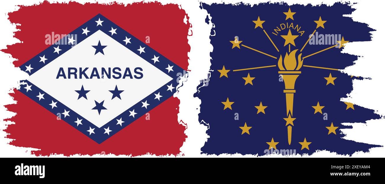 Indiana und Arkansas staaten Grunge Pinsel Flags Verbindung, Vektor Stock Vektor
