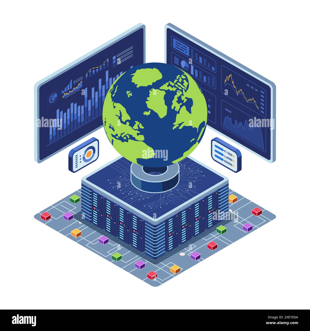 Isometrisches globales Rechenzentrum mit Big-Data-Analyse-Bildschirm. Big-Data-Analytics-Konzept. Stock Vektor