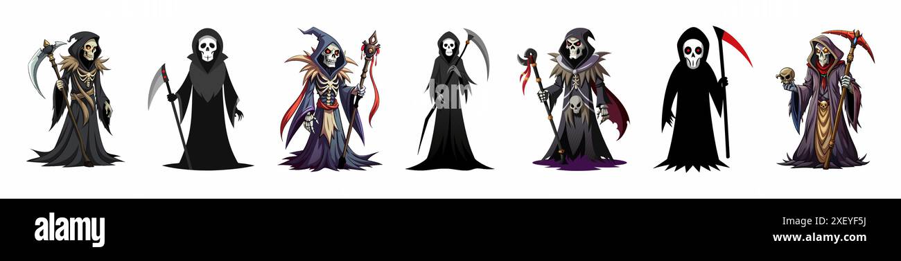 Set von Grim Reaper isoliert auf weißem Hintergrund. Konzept des Todes, gruselige Figur, minimalistischer Stil, Halloween. Druck, digitale Kunst, Illustration, Designelement Stock Vektor