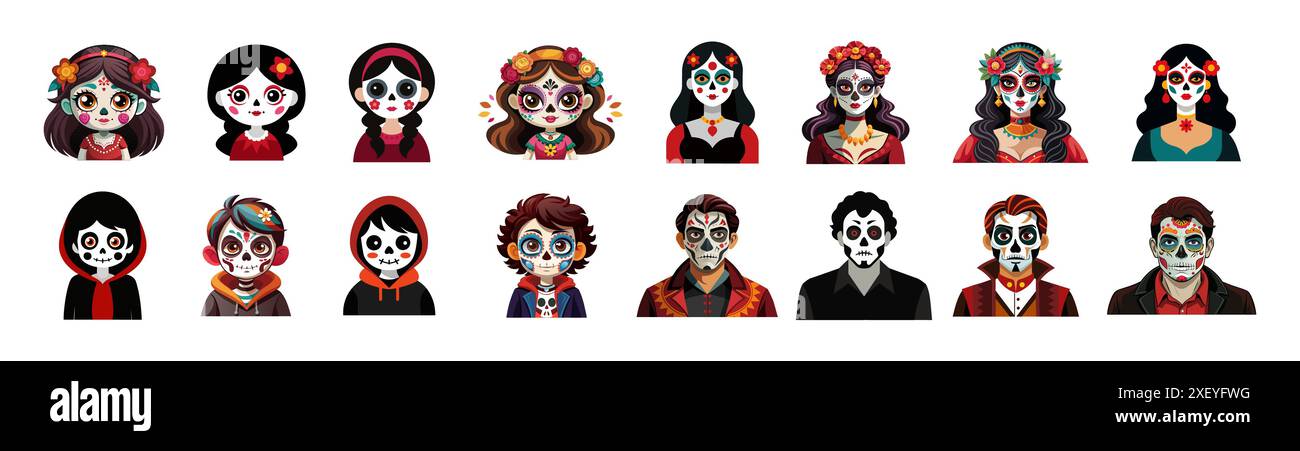 Set aus Frauen, Männern und Kindern mit Day of the Dead Make-up. Leute mit Sugar Skull Gesichtsfarbe. Isoliert auf weißem Hintergrund. Konzept von Dia de los Muertos, mexikanische kulturelle Tradition, Festival, Halloween Stock Vektor