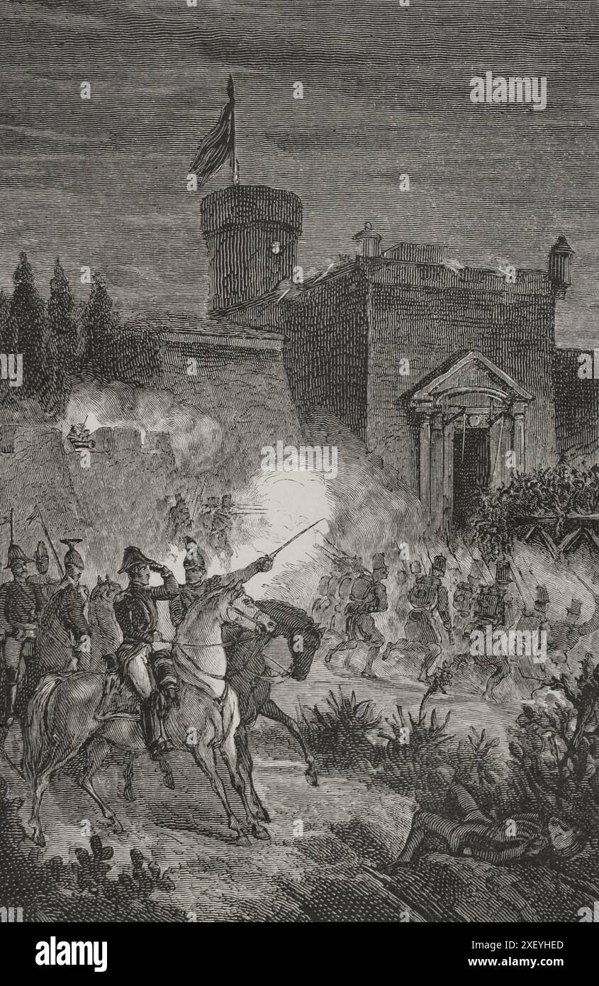 Geschichte Spaniens. Erster Karlistenkrieg (1833–1840). Take of Morella (18. Bis 30. Mai 1840). General Espartero während des letzten Sturms der Stadt, um alle karlistischen Soldaten unter General Ramón Cabrera gefangen zu nehmen. Untergang der Brücke in der Nacht vom 29. Mai 1840. Kupferstich von Gómez. "Espartero: su vida militar, política, descriptiva y anecdótica" (Espartero: Sein militärisches, politisches, deskriptives und anekdotisches Leben). Band I, 1879. Stockfoto