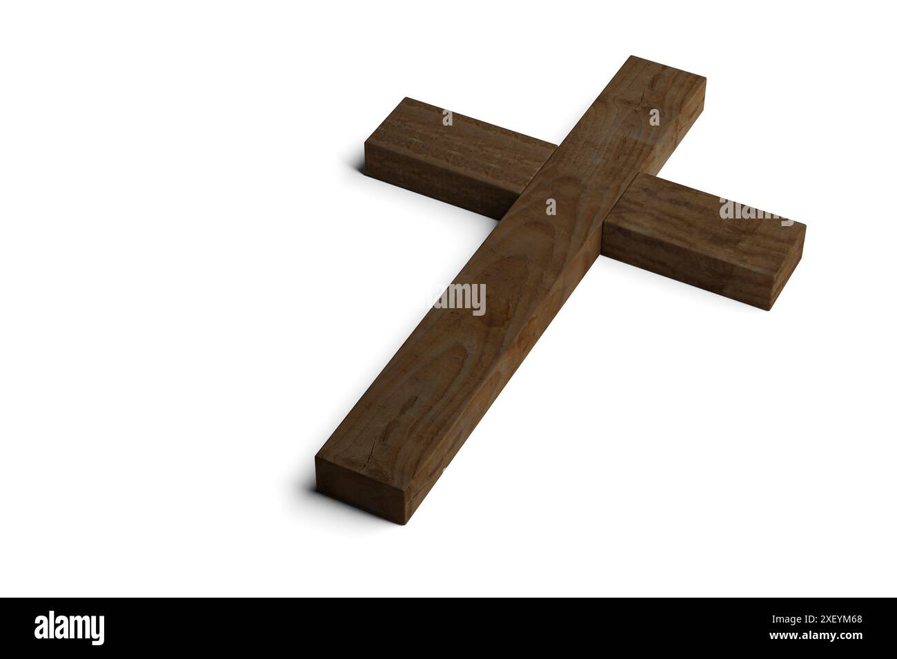 Hölzernes christliches Kreuz oder Kreuz Jesus Christus auf weißem Hintergrund, Gott, Auferstehung oder christentum Konzept, 3D-Illustration Stockfoto