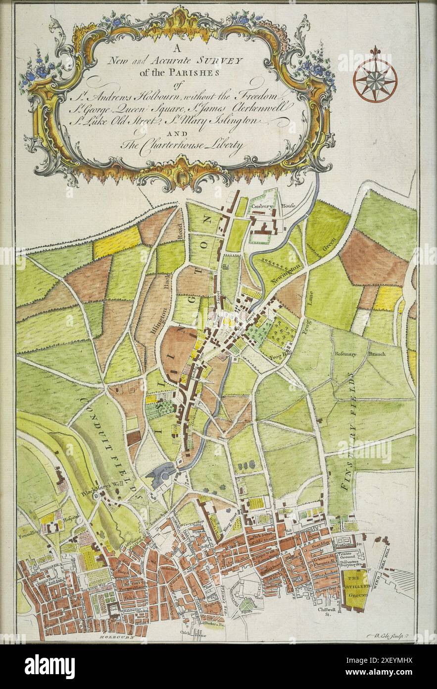 Vintage Map, Eine neue und genaue Übersicht der Gemeinden St. Andrew's Holbourn, ohne den Freedom St. George Queen Square, St. James Clerkenwell, St. Luke Old Street, St. Mary Islington und das Charterhouse Liberty. Cole, Benjamin, 1756 Stockfoto
