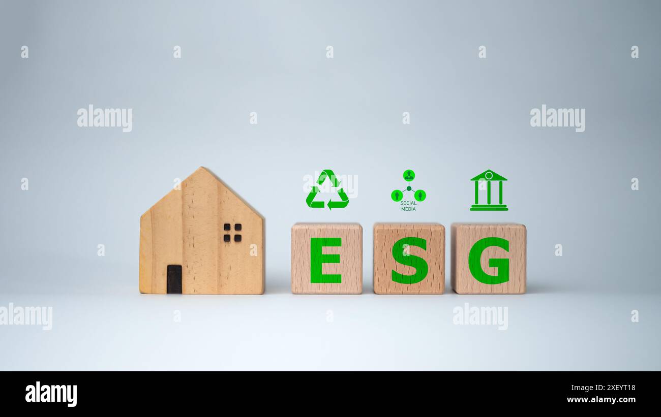 Ein Holzblock mit den Buchstaben ESG darauf. Der Block steht auf einem weißen Hintergrund, dem Konzept der Nachhaltigkeit und der Umweltverantwortung Stockfoto
