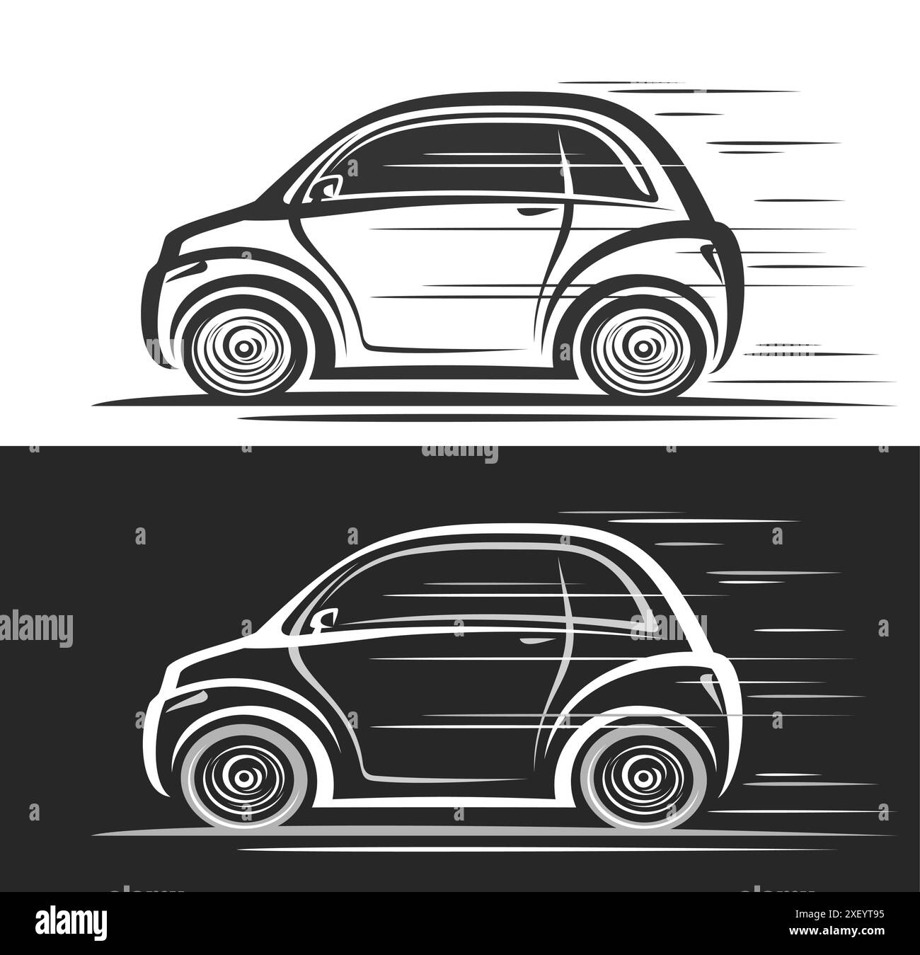 Vektor-Logo für kleines Elektroauto, dekorative Automobil-Banner mit einfacher Illustration des weiblichen Mikroautos in Bewegung, Line Art läuft monochrom Stock Vektor