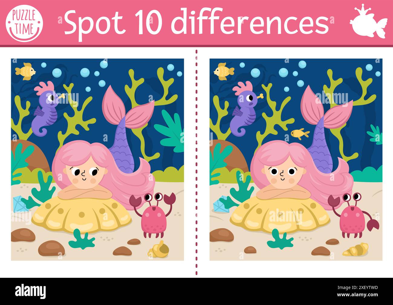 Finde Unterschiede Spiel für Kinder. Meerjungfrauen-Bildungsaktivität mit Meerprinzessin, Unterwasserlandschaft, Krabbe. Niedliches Puzzle für Kinder. Druckbarer Arbeitsschritt Stock Vektor