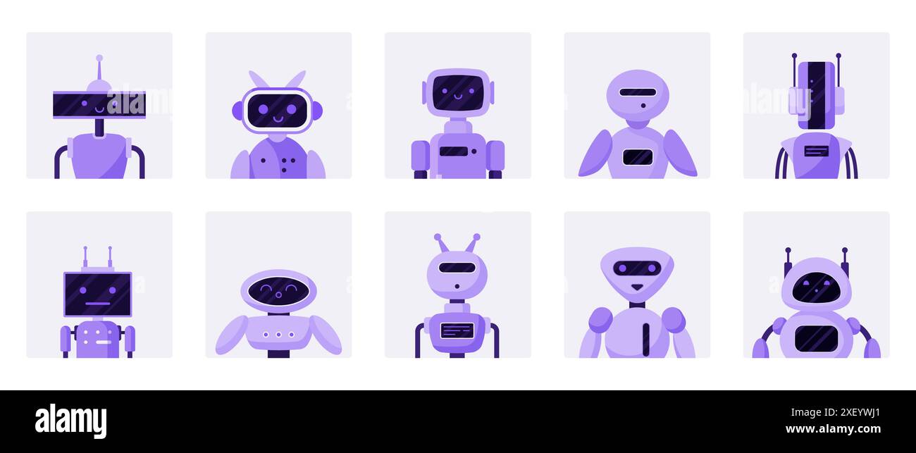 Chatbot Avatare gesetzt. Lila niedliche Roboter-Assistenten-Köpfe mit Antenne und lustigem Gesicht, einfache Porträts des futuristischen Kundensupport-Service-Agenten und Bots der GPT Chat-Cartoon-Vektor-Illustration Stock Vektor