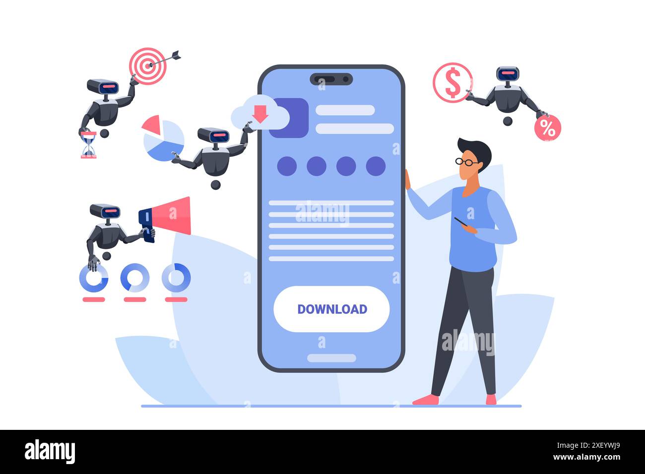 KI-Assistent für digitalen Support, geschäftliche Produktivität mit Online-Chatbot. Kleiner Kunde, der in einer mobilen App arbeitet, mit effektiver Interaktion und automatisierter Hilfe von Robotern Team Cartoon Vektor Illustration Stock Vektor
