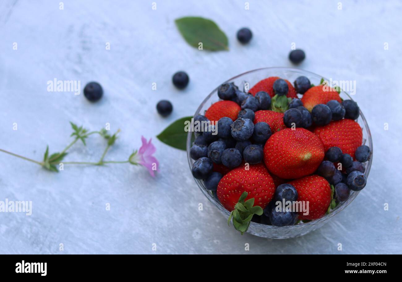 Erdbeeren und Heidelbeeren in einer Glasschale auf grauem Hintergrund mit Platz für Text. Fresh-Konzept. Stockfoto