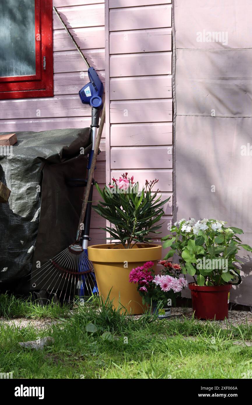 Gartengeräte vor einem rosafarbenen Holzhaus mit Blumen in Töpfen Stockfoto