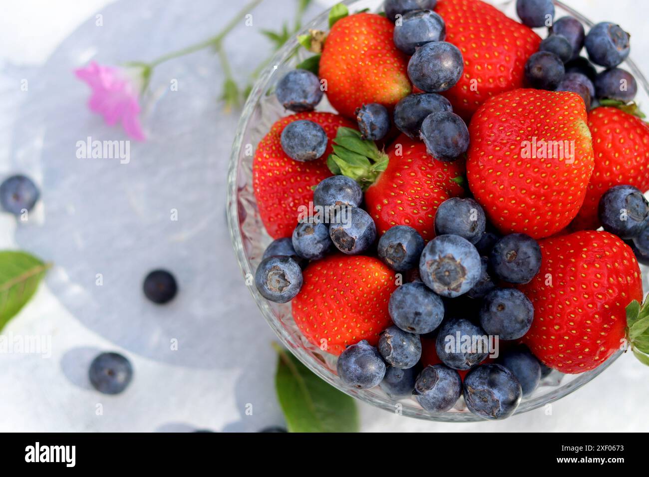 Erdbeeren und Heidelbeeren in einer Glasschale auf grauem Hintergrund mit Platz für Text. Fresh-Konzept. Stockfoto