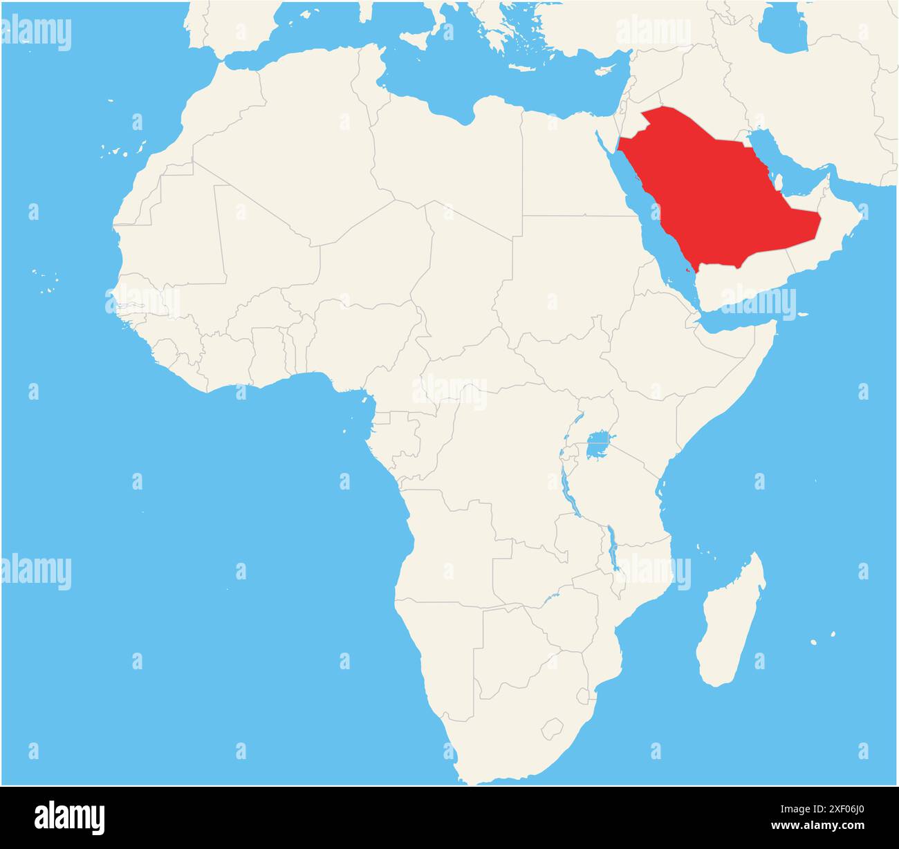 Locator-Karte mit dem Standort des Landes Saudi-Arabien in Afrika. Das Land wird durch ein rotes Polygon hervorgehoben. Kleine Länder sind ebenfalls gekennzeichnet Stock Vektor