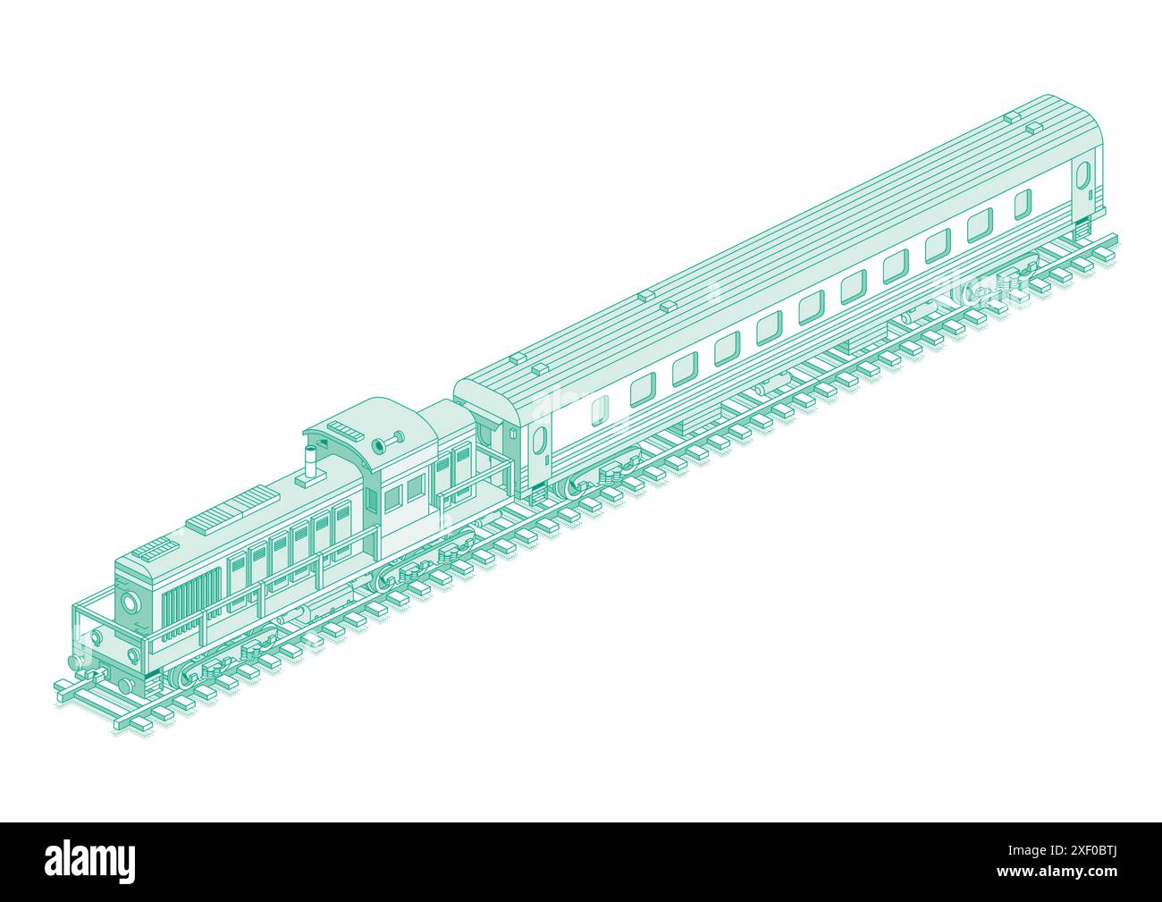 Isometrische Lokomotive mit Personenbahnwagen. Vektorabbildung. Eisenbahn. Objekt auf weißem Hintergrund isoliert. Umrisse der Personenbeförderung. Stock Vektor