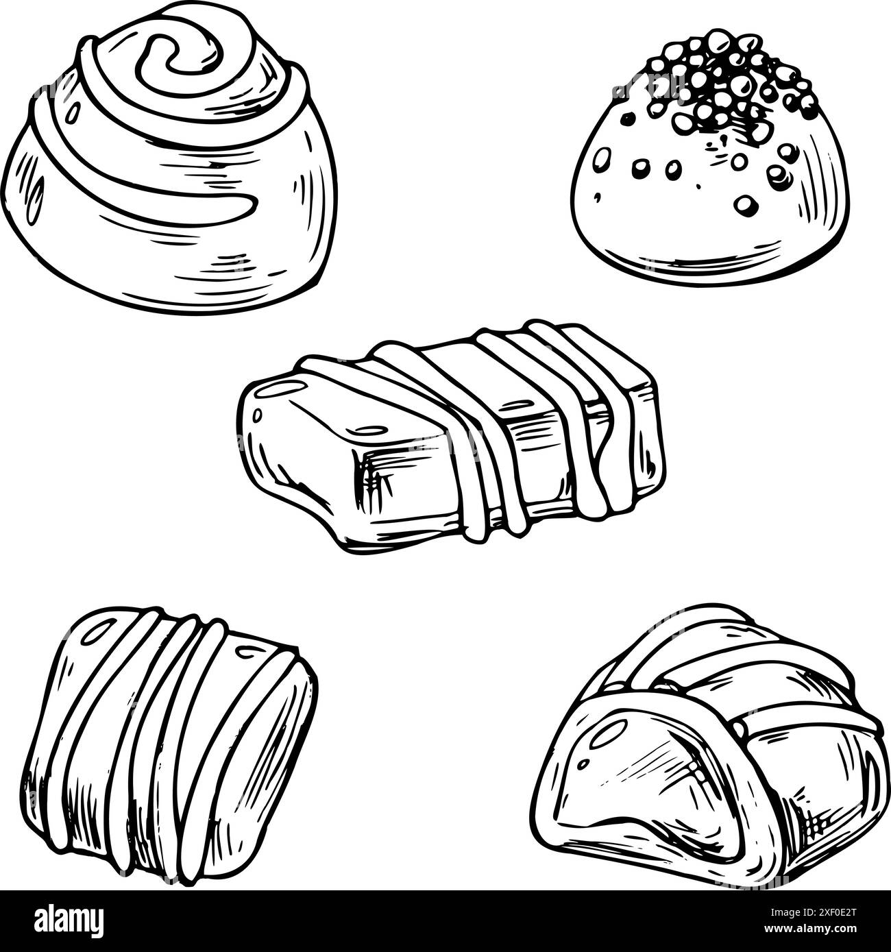 Unverpackte Schokoladenbonbons verziert mit Glasur und Gelee. Strichgrafik ist eine einfache handgezeichnete Illustration in schwarz-weißer Tinte. Gruppe von isolierten Stock Vektor