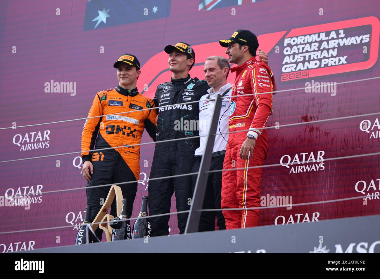 63 George Russell (Mercedes AMG Petronas Formel-1-Team, #63), 81 Oscar Piastri (McLaren Formel-1-Team, #81), 55 Carlos Sainz (Scuderia Ferrari HP, #55), Podium, AUT, Oesterreich, Formel 1 Weltmeisterschaft, Großer Preis Österreichs, 30.06.2024 Foto: Eibner-Pressefoto/Annika Graf Stockfoto