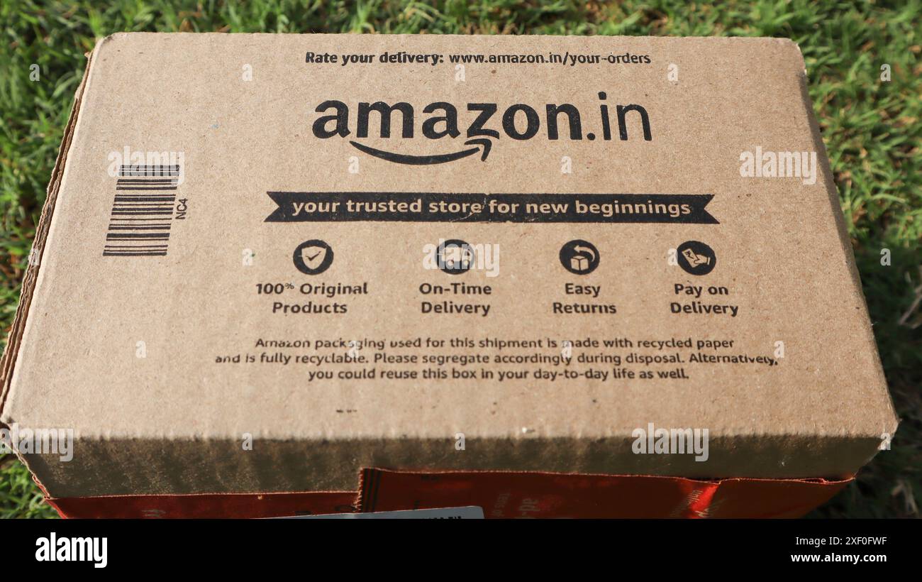 Paketverpackung mit Eigenlieferung von Amazon Indien. Amazon.in Hintergrund der Etikettenverpackung am 22. juni 2024 in Indien Stockfoto