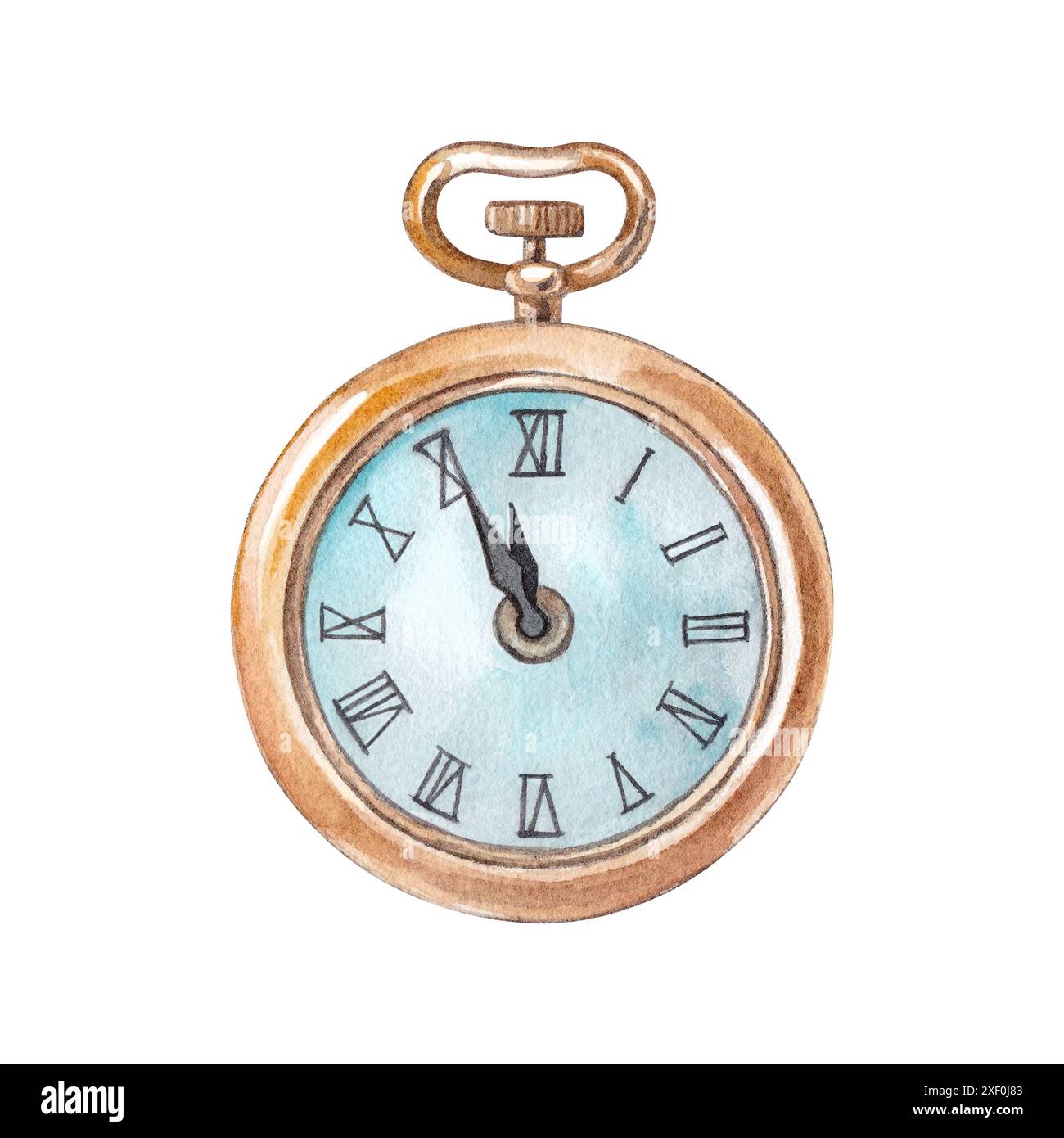 Alte Taschenuhr. Handgezeichnete Aquarellillustration mit goldener Retro-Dekoration. Clipart auf weißem Hintergrund für die Gestaltung von Karten, Einladungen und Stockfoto