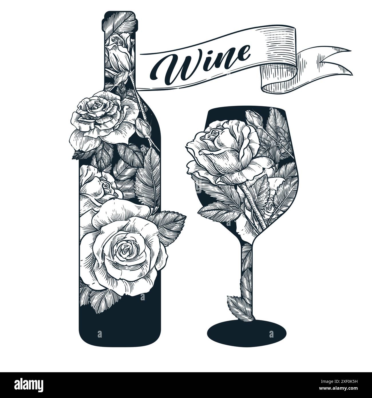 Weinflasche und Glas mit Rosenblumen. Vektor-handgezeichnete Skizze Illustration isoliert auf weißem Hintergrund. Etikett, Poster, S. Stock Vektor