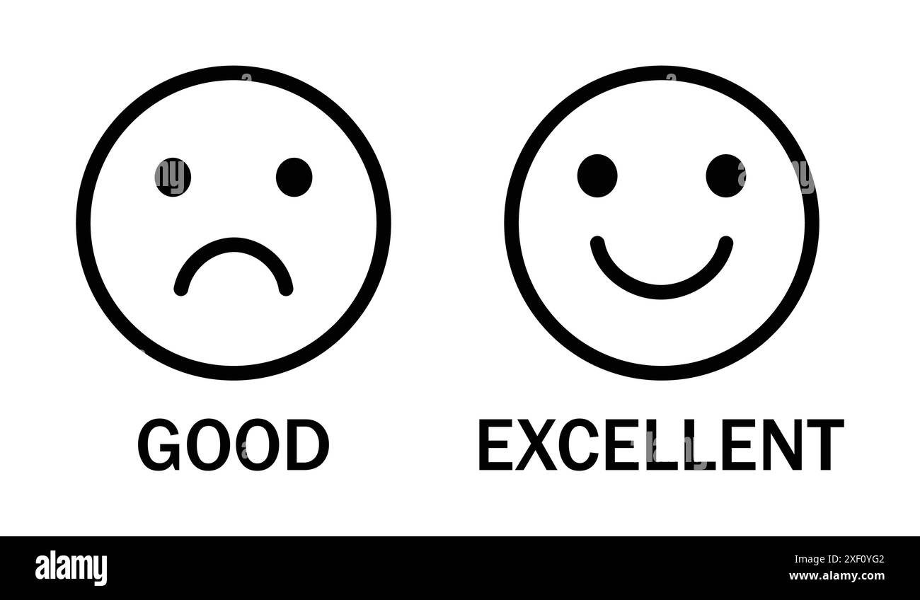 Glückliches und trauriges Emoji-Vektor-Symbol in schwarzer Farbe. Symbol für das Lächeln des Gesichts positives Symbol für das negative, neutrale Meinungsvektorzeichen. Stock Vektor