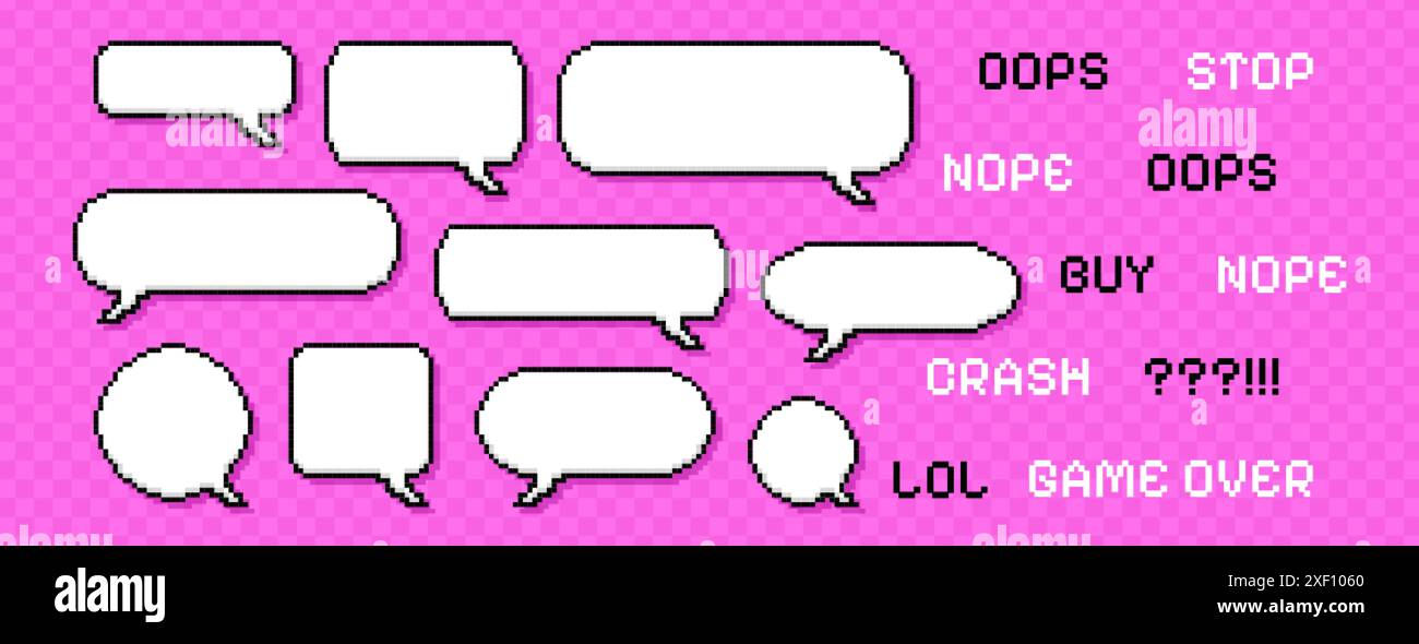 Satz von Pixeldialogfeldern mit unterschiedlichen Formen auf rosa Hintergrund. Chat-Sprechblasen, leeres Kommunikationsfeld oder Frames mit Text. Gepixelte Dialog Cloud Icons Sammlung im 8-Bit Retro-Stil. Stock Vektor