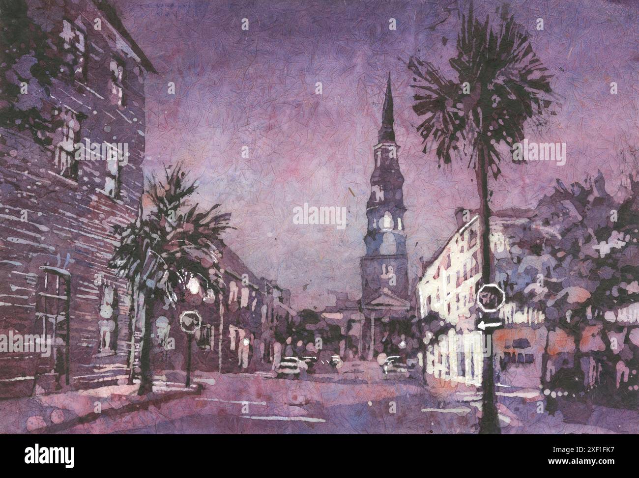 Charleston SC Kirche Aquarell Batik Stadtlandschaft St. Philips Kirche Außenansicht Straßenbild Bunte Kunstwerke (Druck) Stockfoto