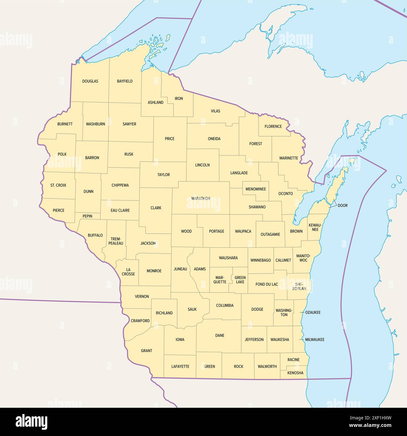 Wisconsin County, politische Karte. Ein Bundesstaat in der Region der Großen Seen im oberen Mittleren Westen der Vereinigten Staaten, unterteilt in 72 Countys. Stockfoto