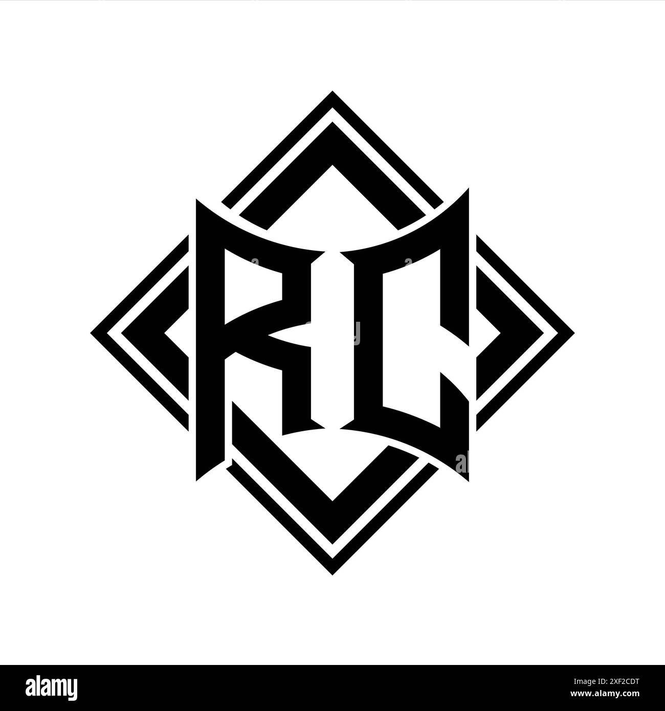 RC Letter Logo in abstrakter Schildform mit quadratischer schwarzer Umrandung auf weißem Hintergrund Stockfoto