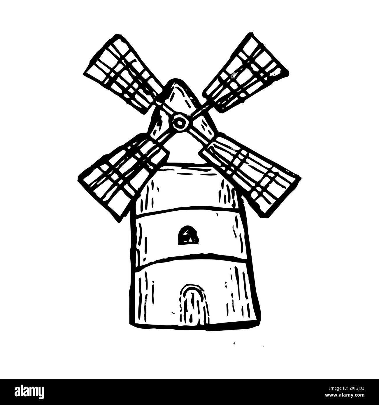 Handgezeichnete Skizze der Windmühle. Isoliert auf weißem Hintergrund. Mühle im ländlichen Vintage-Stil. Gravierelement. Stock Vektor