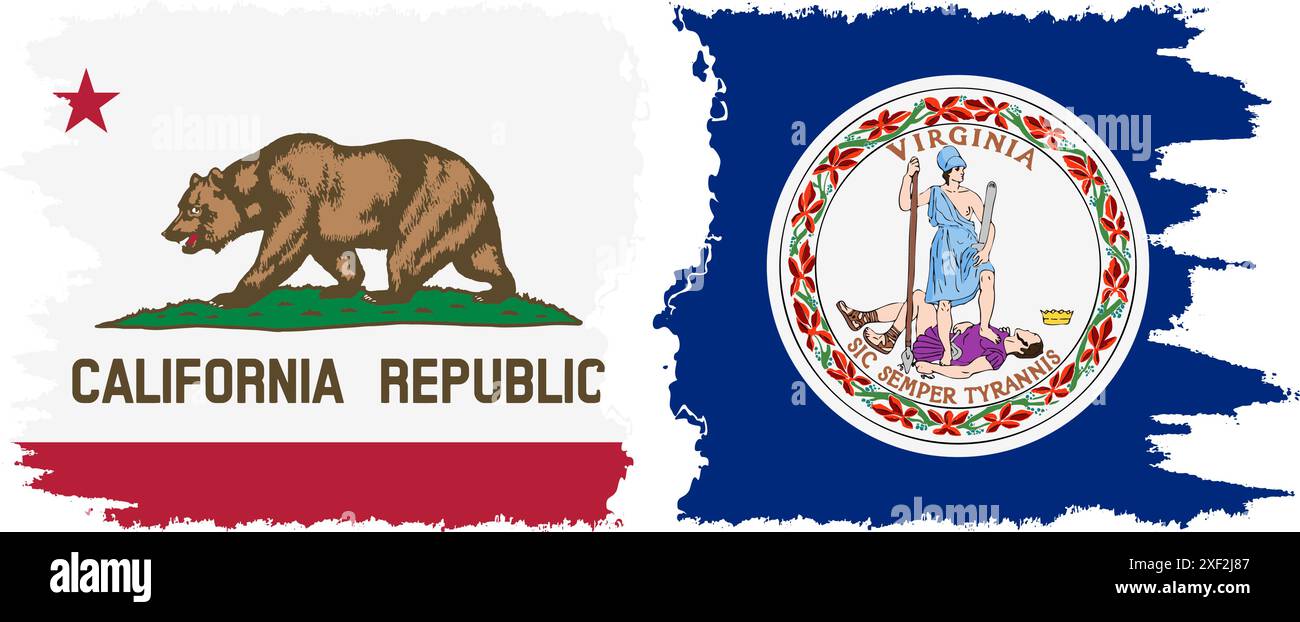 Virginia und Kalifornien staaten Grunge Pinsel Flags Verbindung, Vektor Stock Vektor