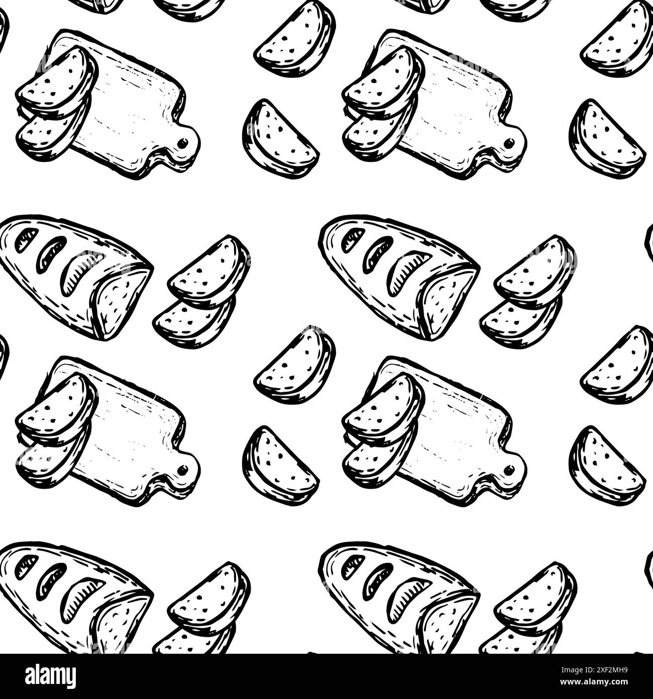 Backwaren-Brotmuster im Retro-Stil. Vintage-Brote bieten endlosen Hintergrund. CAN-Benutzer für Umhüllung, Etiketten. Umrissmuster für Bäckerei. Stock Vektor