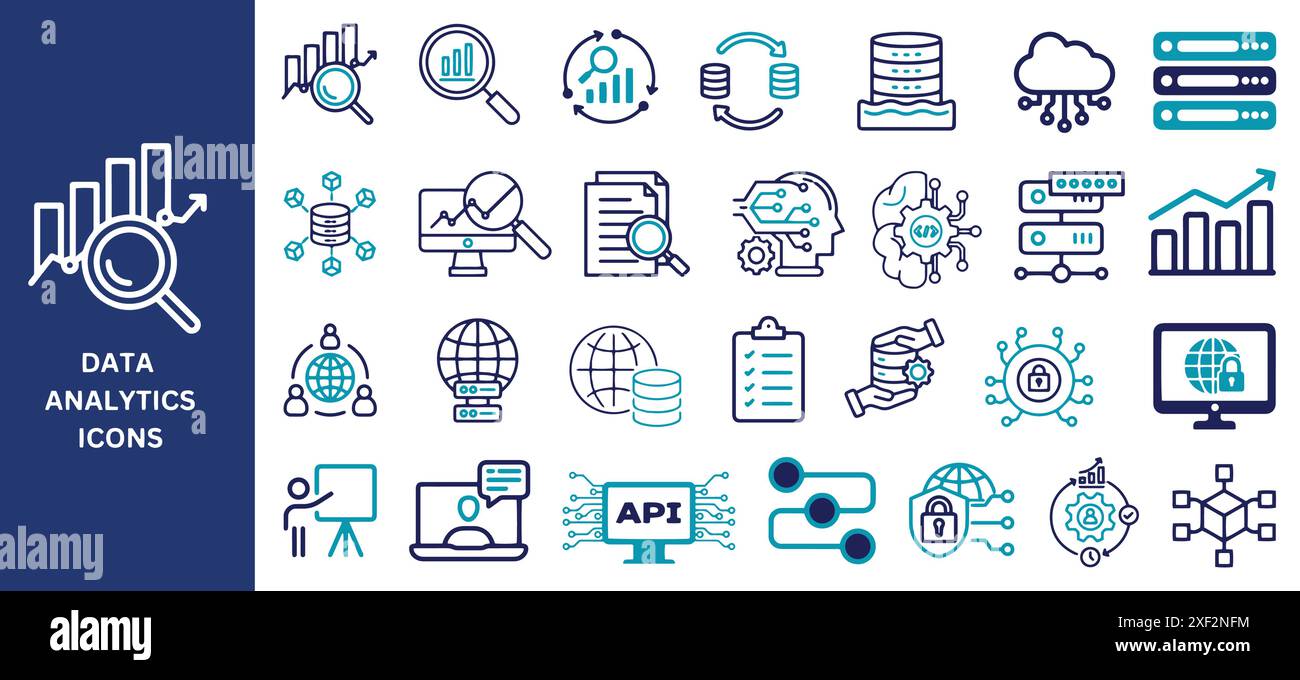 Symbolgruppe Data Analytics. Suchdaten, Big-Data-Analyse, Statistiken, Analysen, Server, Überwachungs-, Hosting- und Netzwerksymbole. Vektorabbildung. Stock Vektor