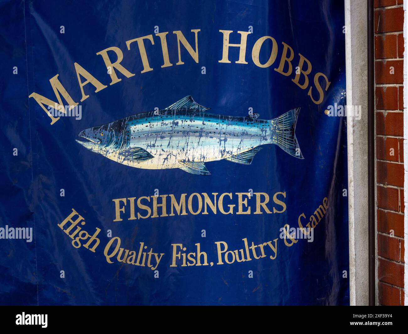 Beschilderung für Martin Hobbs, Fischhändler, Market Harborough, Leicestershire, Großbritannien Stockfoto