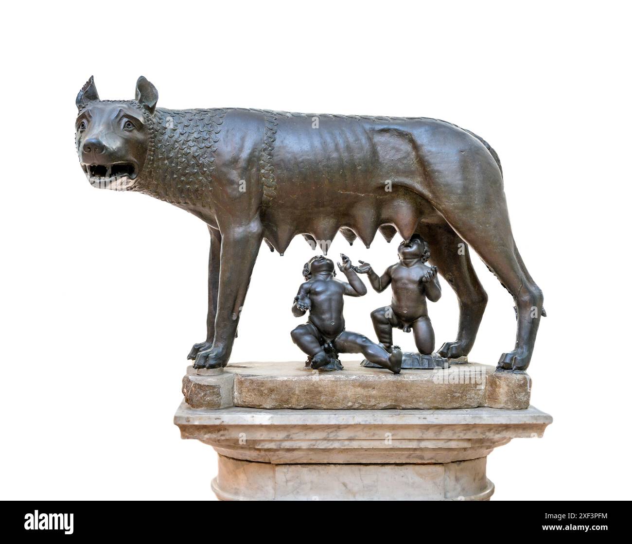 Der Kapitolinische Wolf, eine Bronzeskulptur aus dem 11. Bis 12. Jahrhundert, die eine Wolfsfrau darstellt, die die mythischen Zwillingsgründer von Rom, Romulus und Remus, säugt. In Stockfoto