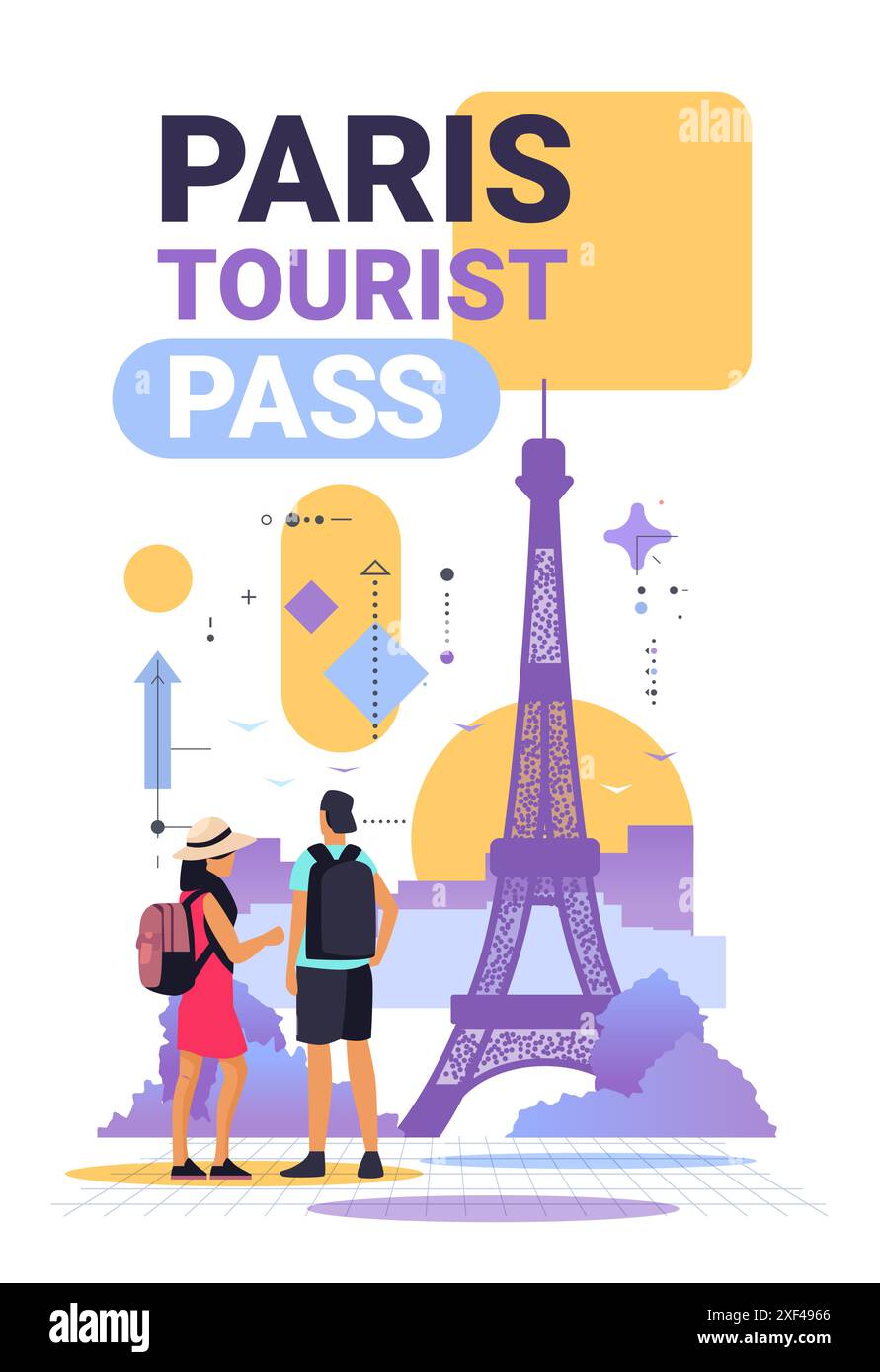 Touristen mit Rucksäcken und Blick auf den Eiffelturm abstrakte geometrische Hintergrund Reisekonzept buntes flaches Design Stock Vektor