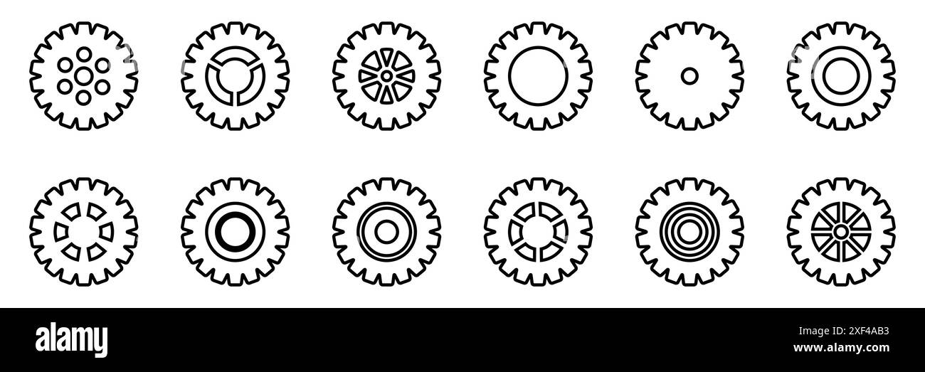 Symbolsatz Gänge. Symbol für Gangeinstellung. Sammlung mechanischer Zahnräder. Einfache Zahnradsammlung. Silhouette mit Zahnradsymbolen. Vector Illustrati Stock Vektor