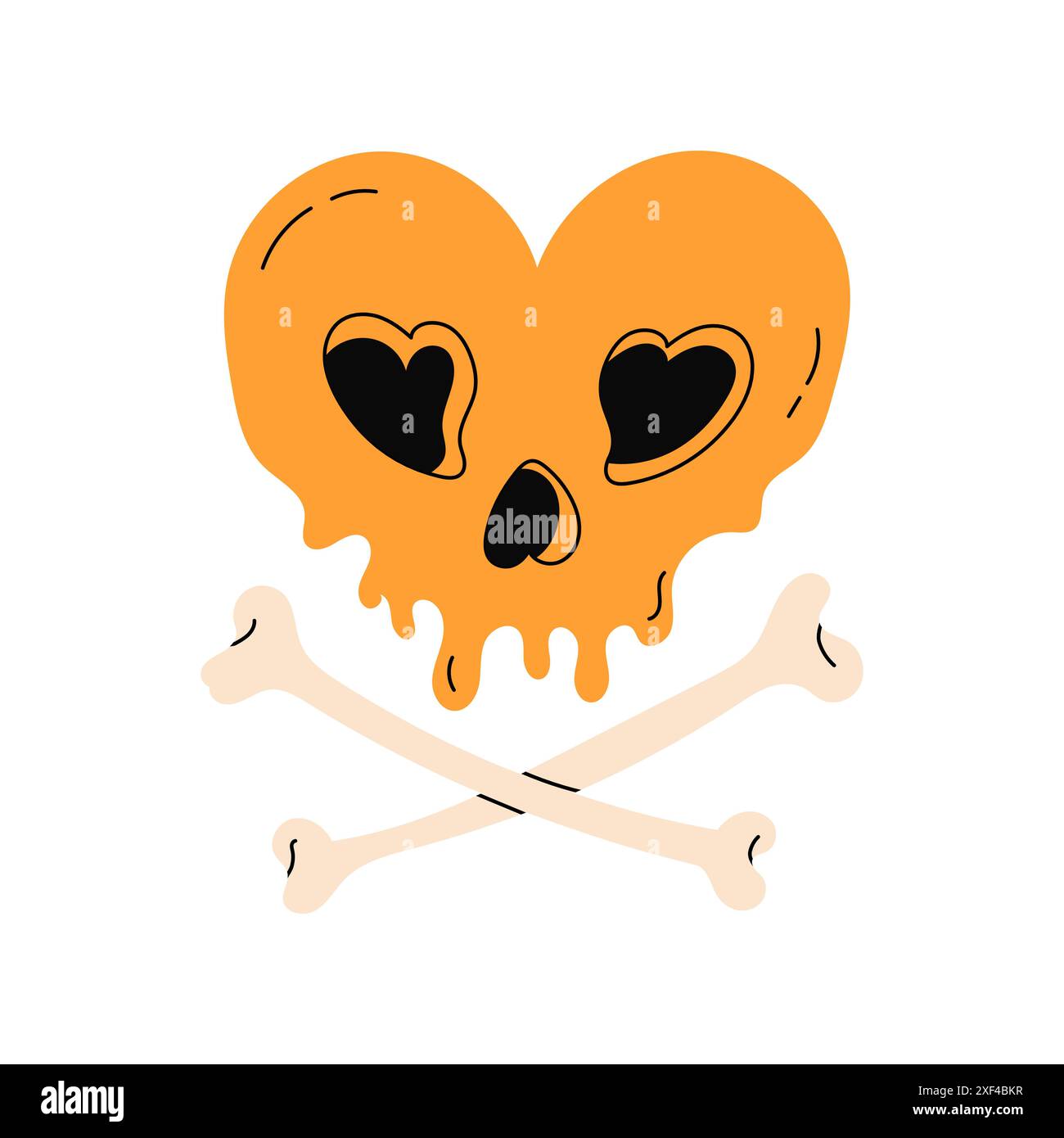 Gelber Schädel in Form eines Herzens mit Knochen Stock Vektor