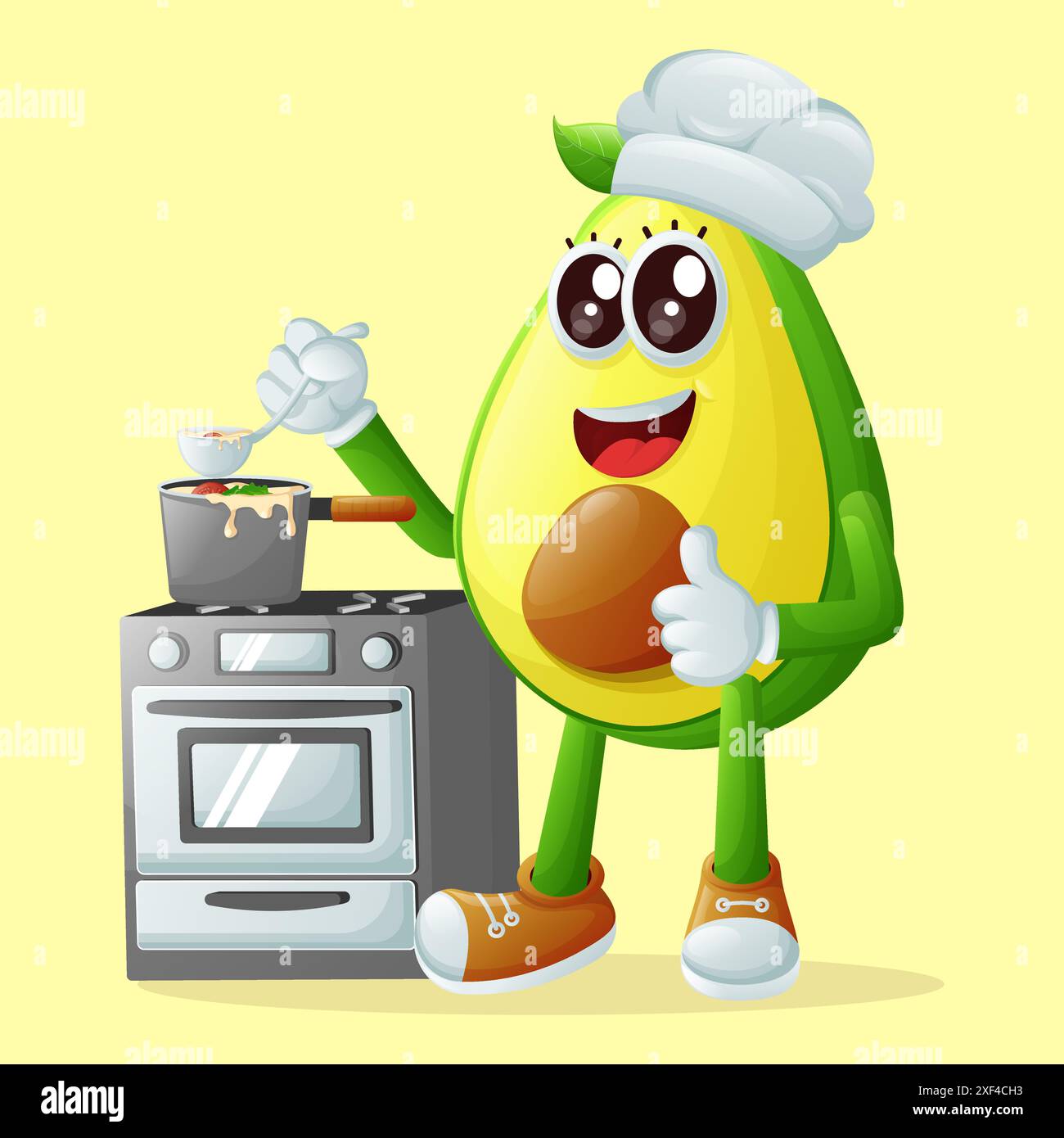 Niedliche Avocado-Figur, die auf einem Herd kocht. Perfekt für Kinder, Merchandise und Aufkleber, Werbebanner oder Blogs Stock Vektor