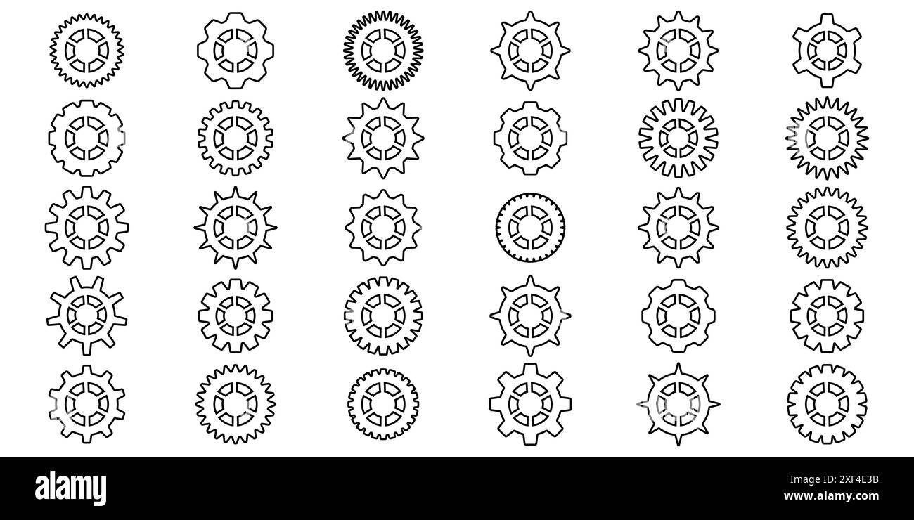 Symbolsatz Gänge. Symbol für Gangeinstellung. Sammlung mechanischer Zahnräder. Einfache Zahnradsammlung. Silhouette mit Zahnradsymbolen. Vector Illustrati Stock Vektor