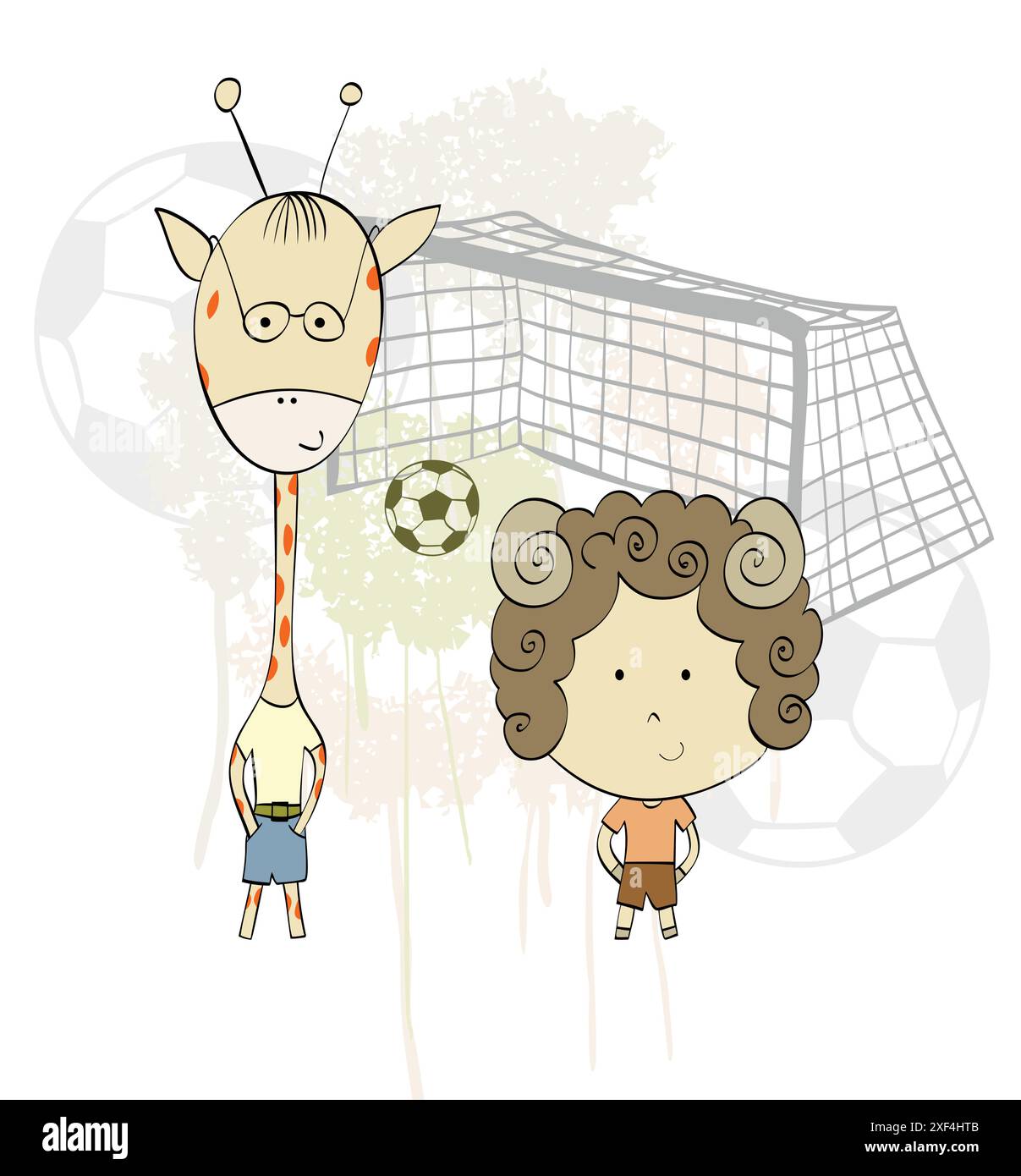 Illustration mit Schafen, Giraffe und Fußball. Stock Vektor