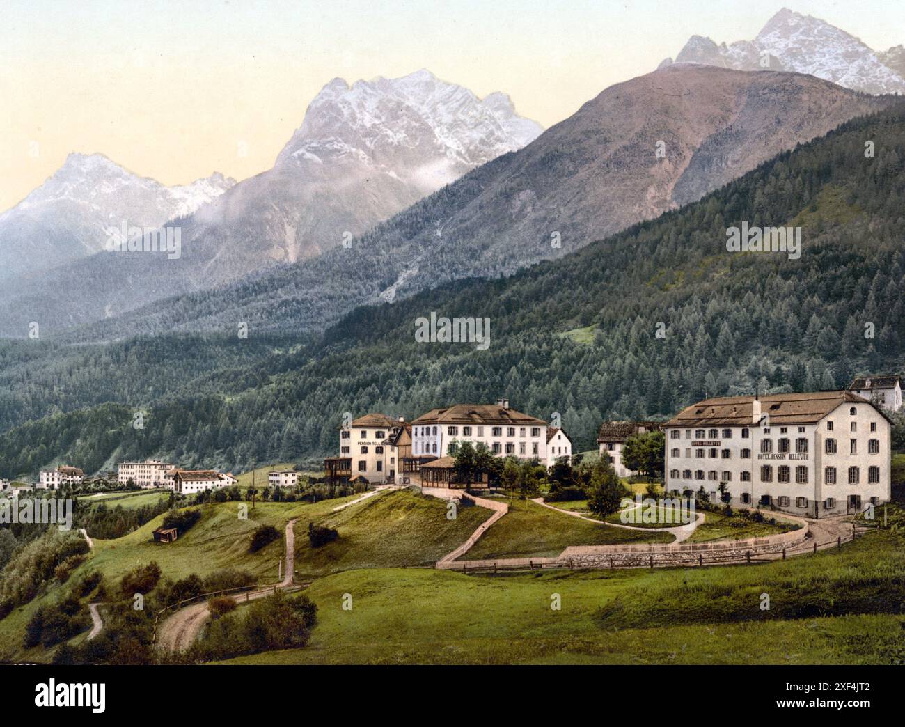 Unterengadin, Vulpera mit Bergen, Graubünden, Schweiz / , Unterengadin, Vulpera mit Bergen, Graubünden, Schweiz , Historisch, digital restaurierte Reproduktion von einer Vorlage aus dem 19. Jahrhundert, Datum nicht angegeben Stockfoto