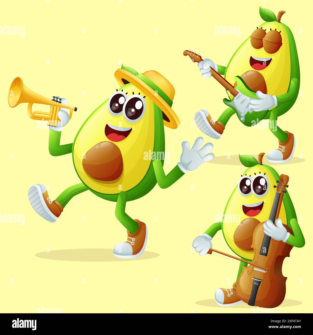 Set süßer Avocadofiguren, die Musikinstrumente spielen. Perfekt für Kinder, Merchandise und Aufkleber Stock Vektor