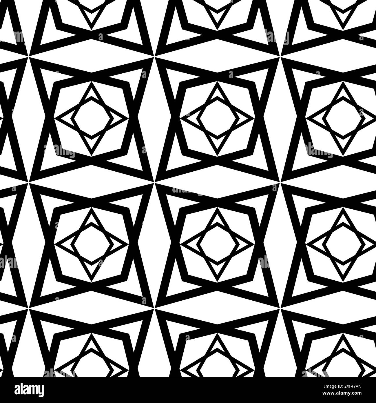 Abstraktes geometrisches Muster mit Sternen, Streifen, Linien. Nahtloser Vektorhintergrund. Weiße und schwarze Blumenschmuck. Modernes, vernetztes Grafikdesign. Stockfoto