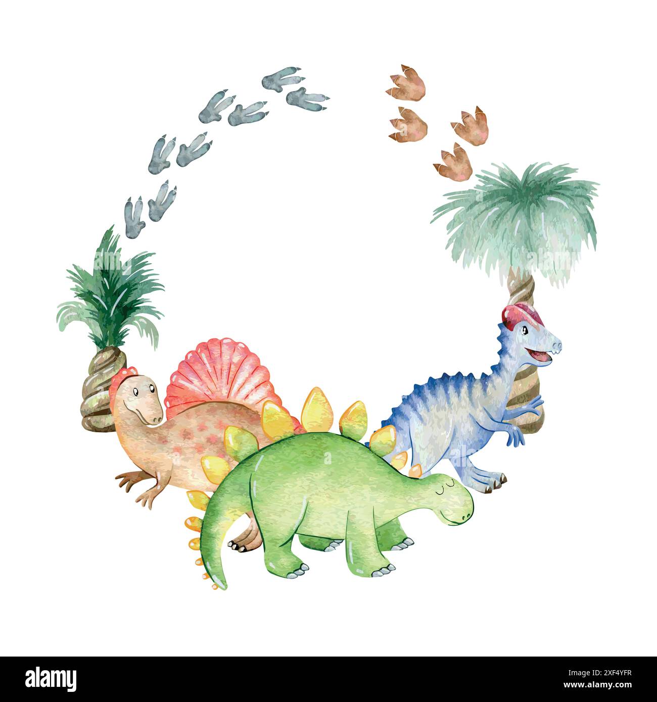 Vektor-Aquarellkarte mit niedlichen Dinosauriern. Handgezeichnete Abbildung Stock Vektor