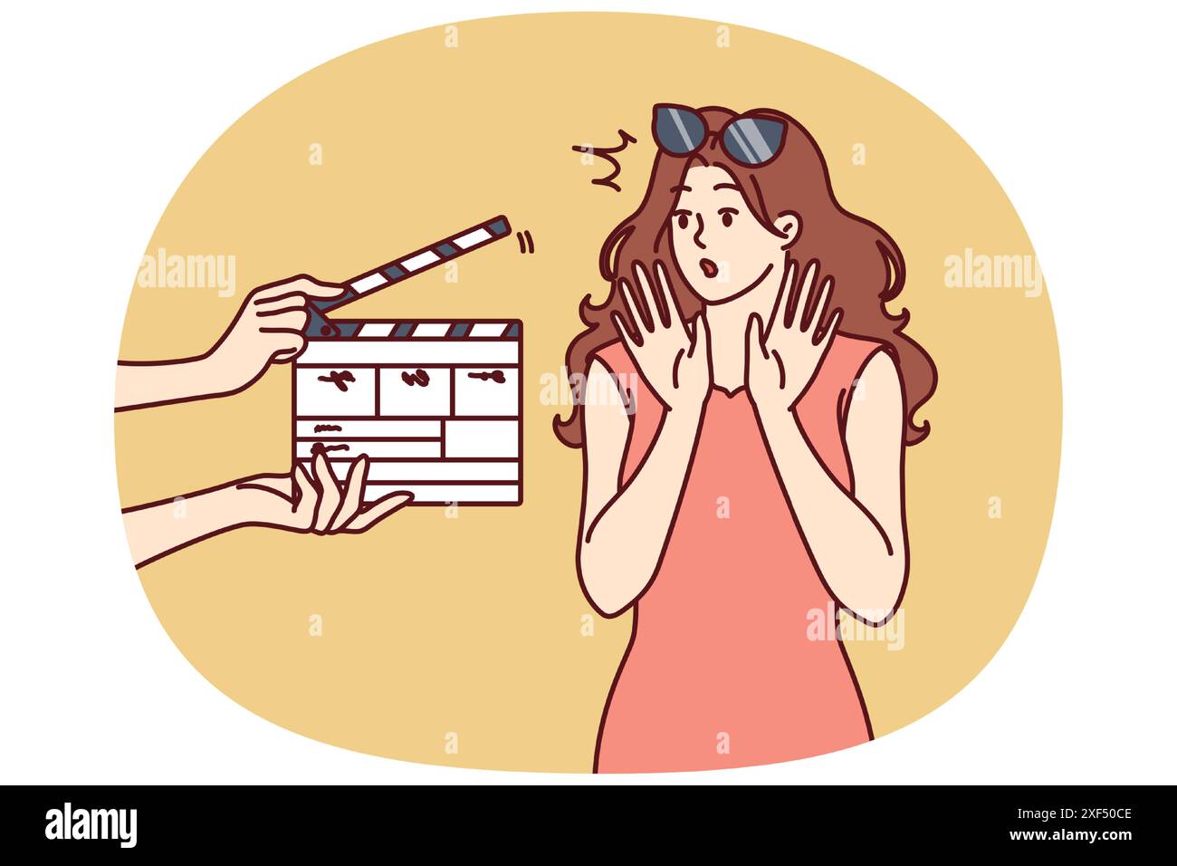 Der weibliche Filmstar ist beschämt, wenn er sieht, wie er die Besetzung für eine Rolle in einer beliebten Serie oder tv-Serie durchläuft. Filmstar-Mädchen, das mit den Händen wedelt, nicht Filmen oder Fragen von Reportern beantworten will Stock Vektor