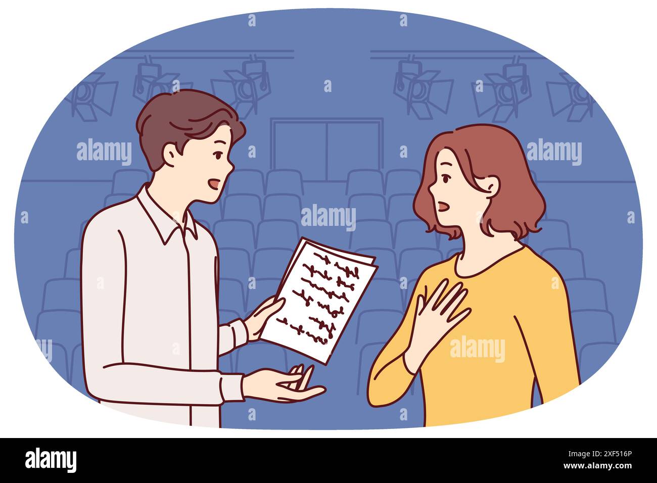 Mann und Frau, die als Schauspieler arbeiten, Proben Theateraufführungen auf der Bühne. Der Typ und das Mädchen merken sich den Text der Theateraufführung, wollen eine Auszeichnung für die Schauspielerei Stock Vektor